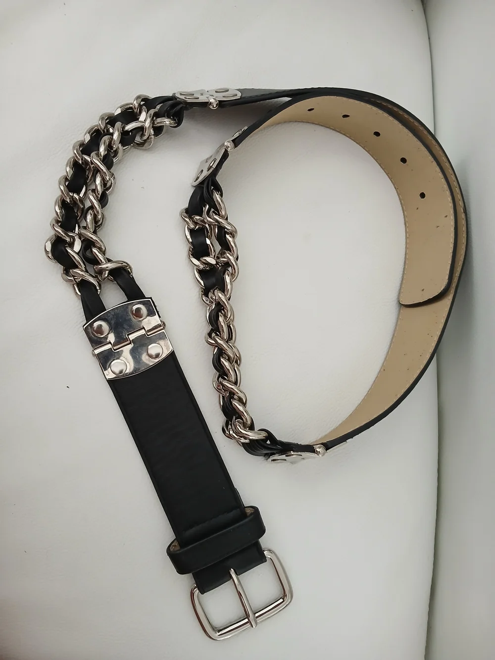 Black Leather Chain Belt with Silver Hardware